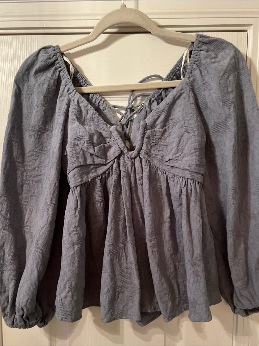 Lace-Up Peasant Blouse - Blue Gray